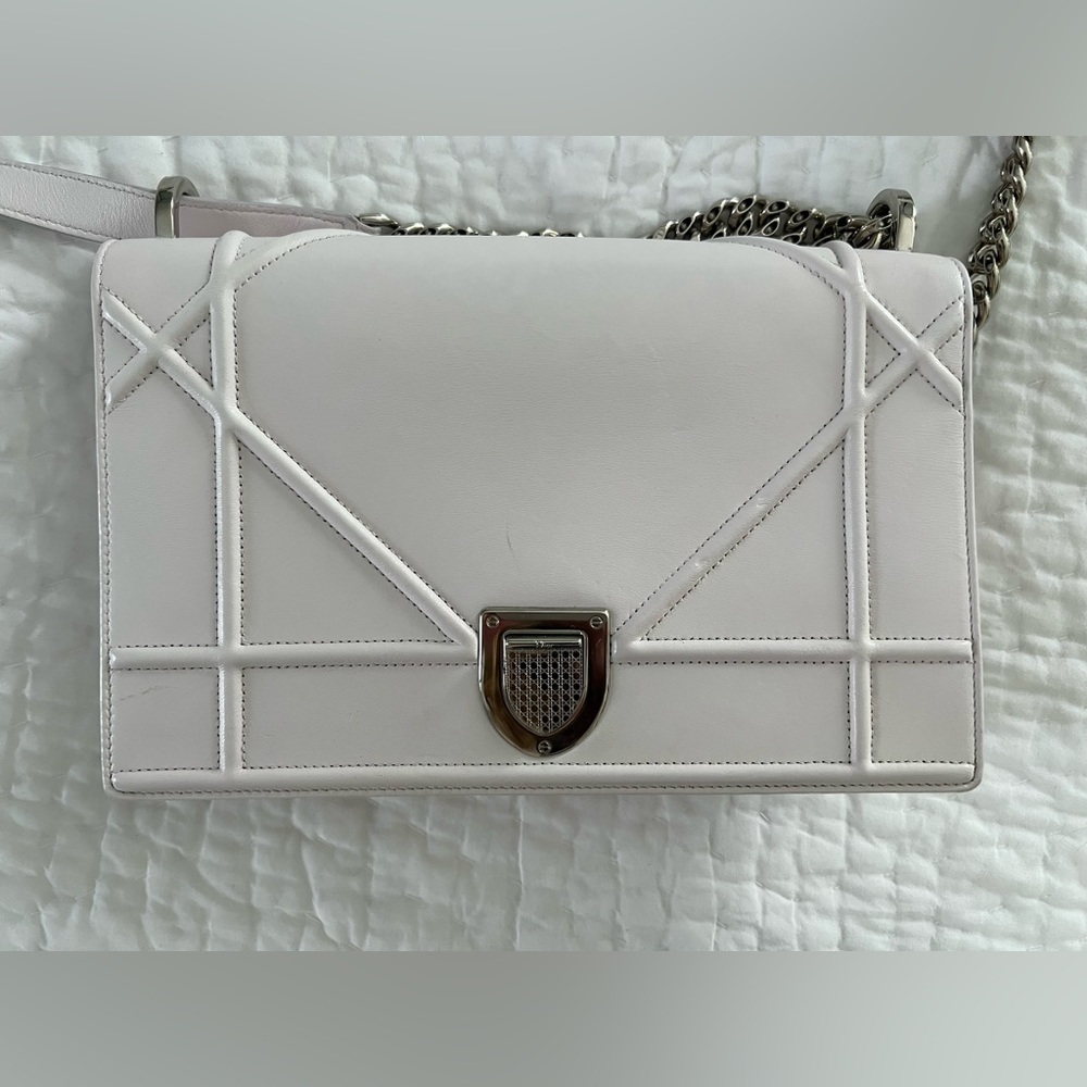 Like new cream/pale pink Dior leather flap bag with silver chain